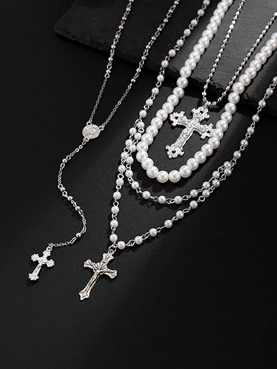 Photo 1 of Silver Layered Cross Necklace Set For Women, 4Pcs Pearl Rosary Choker Chunky Christian Pendant Vintage Long Y Gold Necklace Stack Religious Statement Boho Gothic Adjustable Jewelry Gift
