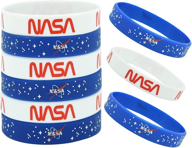 Photo 1 of 18 Pcs Nasa Rubber Bracelets, Outer Space Design Silicone Wristbands Blue and White Color Style Bracelets for Spaces Themed Birthday Party Decoration Supplies