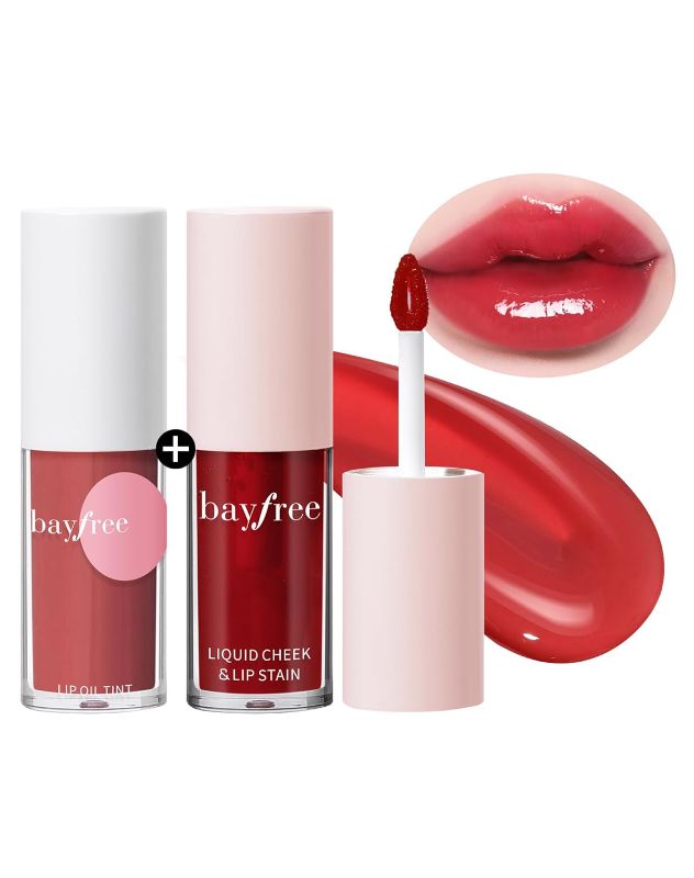 Photo 1 of bayfree Tinted Lip Oil & Lip Stain Set, Waterproof & Long-Wearing Korean Makeup, High-Shine & Moisturizing 2-in-1 Cheek and Lip Tint Stain, Lightweight & Non-Sticky for Dry Lips, Cruelty-Free & Vegan - Rasberry + Cherry
