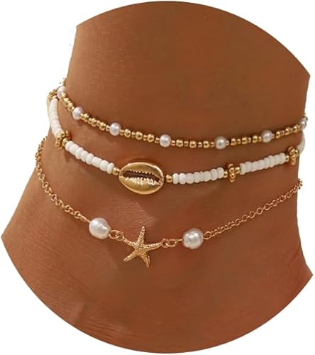 Photo 1 of 3 Pack Seashell Ankle Bracelets for Women Starfish Bracelets Layered Boho Puka Shell Anklet Cowrie Shell Bracelets Hawaiian Summer Beach Foot Chain Jewelry