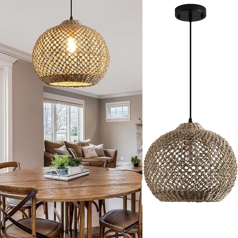 Photo 1 of Boho Wicker Pendant Light,13.79” Rattan Lights Fixture, Hand-Woven Seagrass Kitchen Island Ceiling Hanging Lighting for Farmhouse Bedroom Living Room Entry Hallway