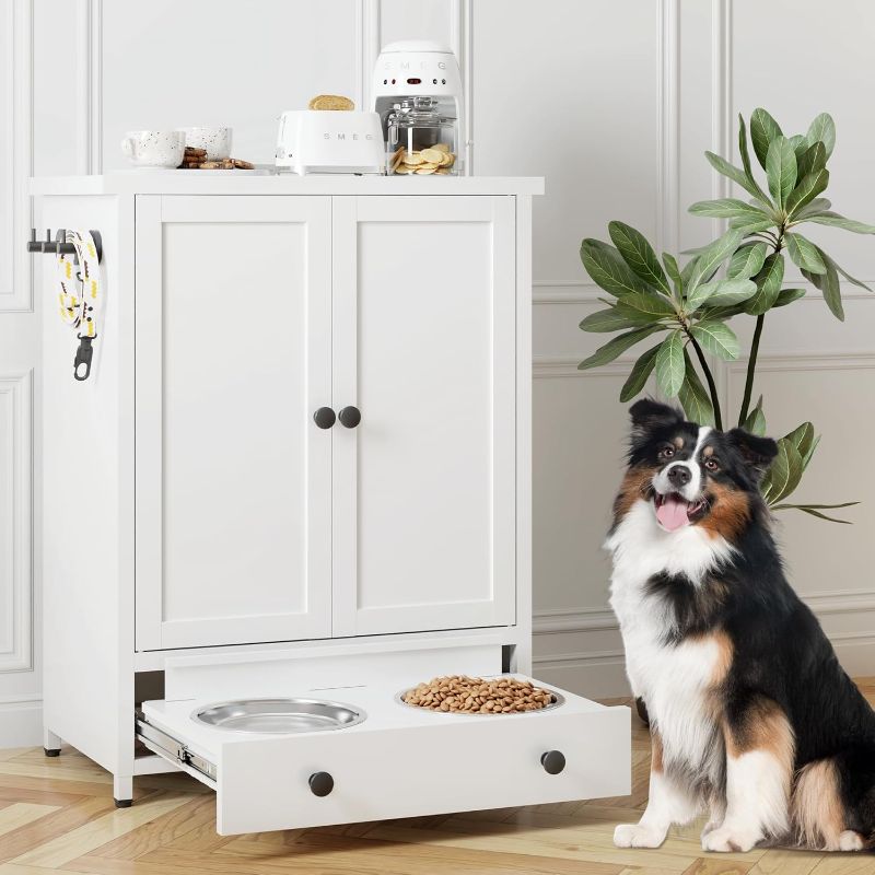 Photo 1 of Dog Feeding Station with Storage, Metal Dog Food Storage Cabinet with 2 Elevated Bowls and 3 Hooks, Pet Feeding Station and Food Storage Organizer, Black