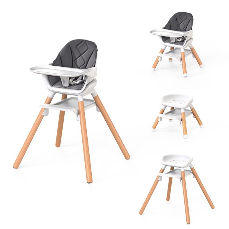 Photo 1 of Baby High Chair, 6 in 1 Convertible High Chairs for Babies and Toddlers, Easy Clean Highchair with Removable Double Tray, 5-Point Harness, Reversible Footrest, Beech Wood Legs, Grey