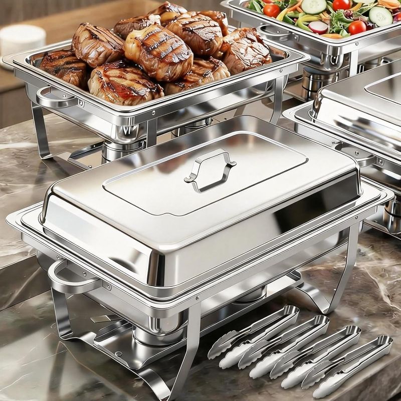 Photo 1 of 4 Pack Chafing Dishes for Buffet 9QT, Chafing Dish Buffet Set Rectangular with 4 Serving Tongs, Full Size Chafing Pan, Buffet Server Warmer Parties New Year, Chafers and Buffets Warmers Sets