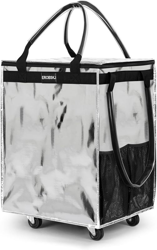 Photo 1 of (Medium,Silver) Reusable Grocery Bag on Wheels, 70L Foldable Rolling Tote, Carries Up to 66 lbs Shopping Trolley, Zipper Clouser Shopping Carts for Trips, Laundry, 4 Heavy Duty Wheels and 3 Handles