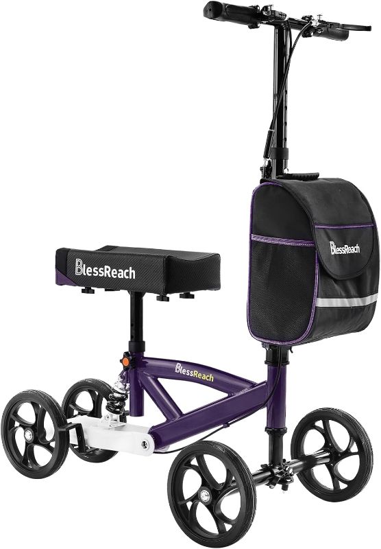 Photo 1 of BlessReach Steerable Knee Walker Deluxe Medical Scooter for Foot Injuries Compact Crutches, with Dual Rear on-Wheel Brake and Shock Absorption Under The Knee pad?Purple?