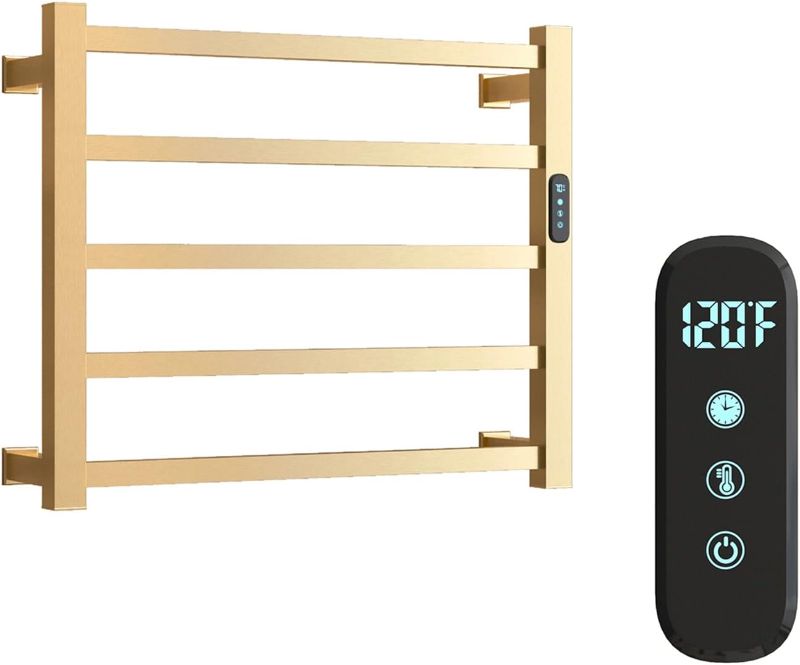 Photo 1 of 5 Bars Luxury Towel Warmers Wall Mounted Heated Towel Rack, Towel Warmer for Bathroom with Timer & Temperature Multi-Level Adjustable, Hardwired and Plug-in Compatible (Brushed Gold)
