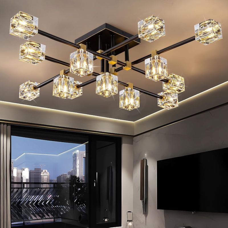 Photo 1 of Crystal Ceiling Light Fixture with 13-Lights,Black and Gold Semi Flush Mount Ceiling Light,Modern Chandelier for Kitchen Island,Living Room,Bedroom,Dining Room