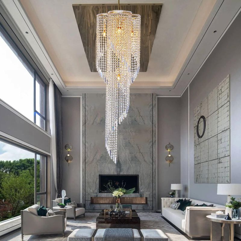 Photo 1 of High Ceiling Chandeliers for Entryway Gold Spiral Crystal Chandelier Large Foyer Chandelier 6 Lights Modern Raindrop Chandelier for Villa Staircase, K9 Pendant Light Fixtures D17.7'' x H49.2''