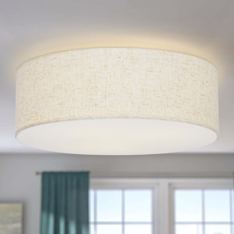 Photo 1 of Flush Mount Ceiling Light,18'' Modern Close to Ceiling Lamp with Double Linen Fabric Shade,3 Light Semi Flush Mount Ceiling Light Fixture,Farmhouse Drum Light Fixture for Bedroom Living Room