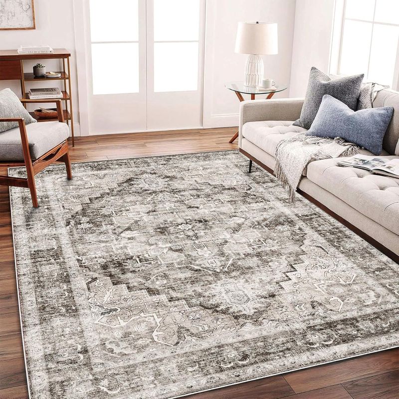 Photo 1 of Area Rug 6'x9' Deep Khaki Washable Vintage Traditional Floor Cover Thin Retro Kitchen Indoor Distressed Non Slip Carpet for Living Room Bedroom Dining Room