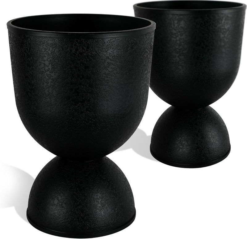 Photo 1 of Planters Flower Pots, Plastic Urn Planters for Indoor Outdoor Plants, Black Pedestal Planter Pots 2 Pack, 18 Inch Tall Decorative Planters with Drainage Holes & Plugs for Front Porch Patio Garden