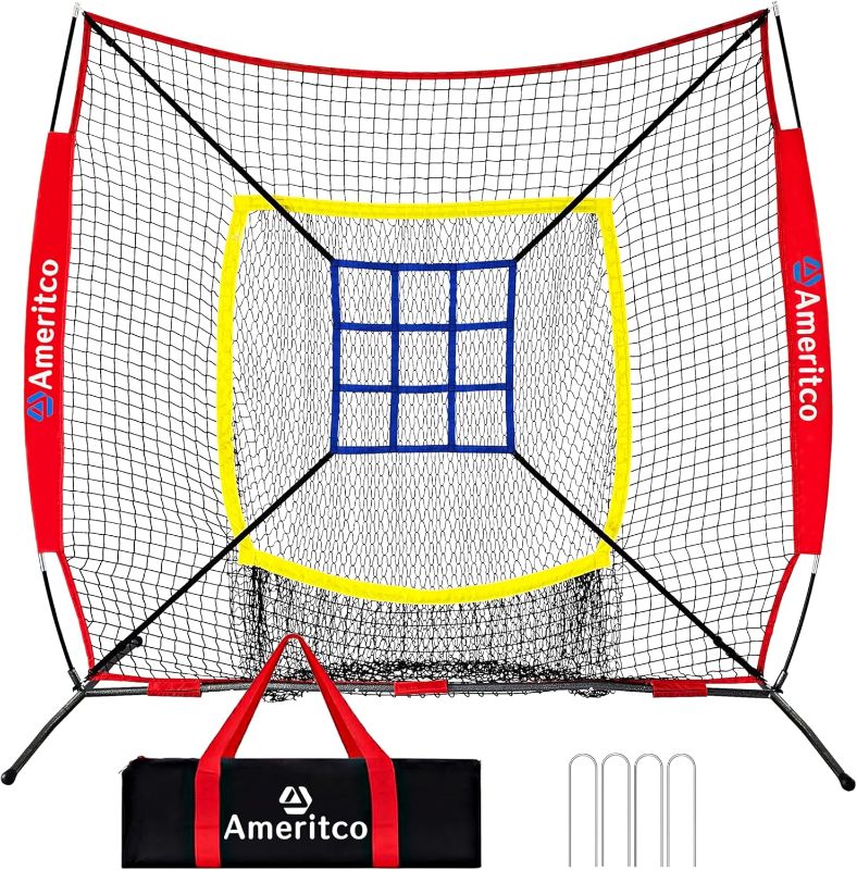 Photo 1 of 7x7ft Baseball Net with Strike Zone, Large Pocket Baseball Training Net for Hitting/Batting/Pitching/Throwing,Scratch Resistant Base,Indoor/Outdoor Versatile Use for All Levels