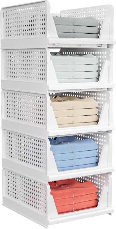 Photo 1 of 5 Pack Stackable Closet Storage Basket - Stackable Storage Bins, Multifunctional & Foldable Closet Organizer Waterproof, Wardrobe Cupboard Space-Saving Hat Storage Drawer Organizer, White