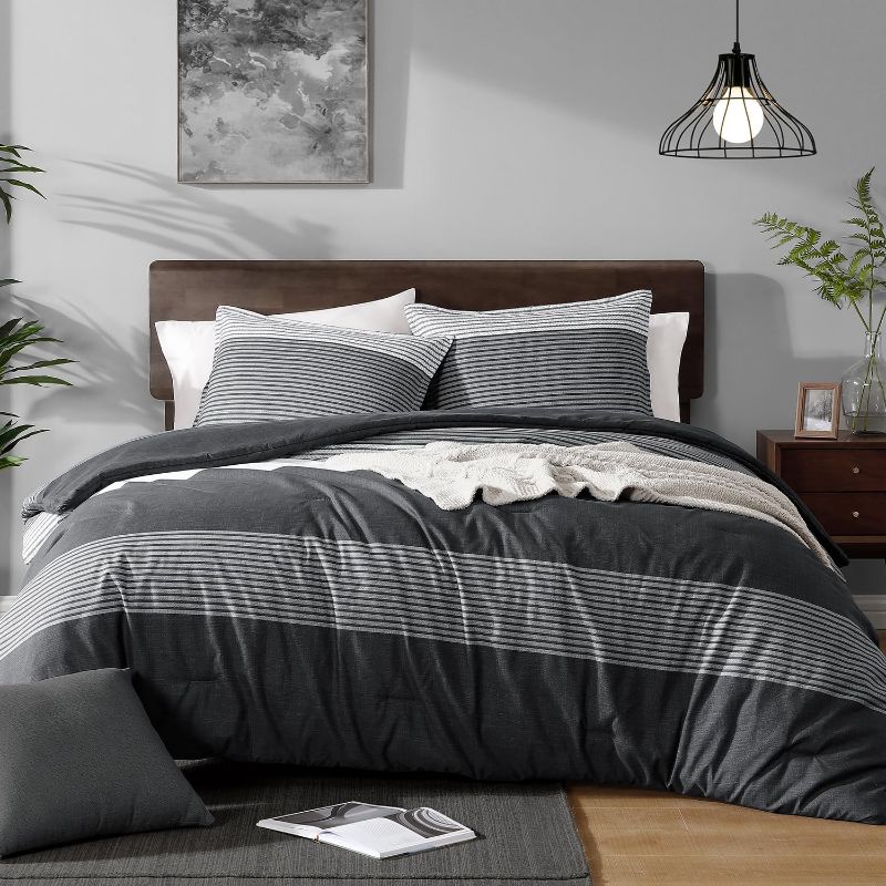Photo 1 of Full Size Comforter Set,7 Pieces Black White Gray Patchwork Striped Comforter(79x90 Inch), Soft Down Alternative Full Comforter Bedding Sets with Corner Loops | Stock is not exact same as product