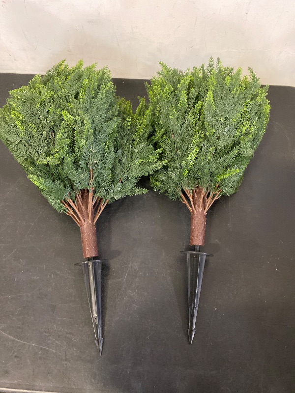 Photo 1 of 28 inch Artificial Topiary Tree Set of 2 Beautiful Realistic Faux Cedar Pines Christmas Trees UV Rated Fake Shrubs for Front Porch Faux Plants Indoor and Outdoor Decor