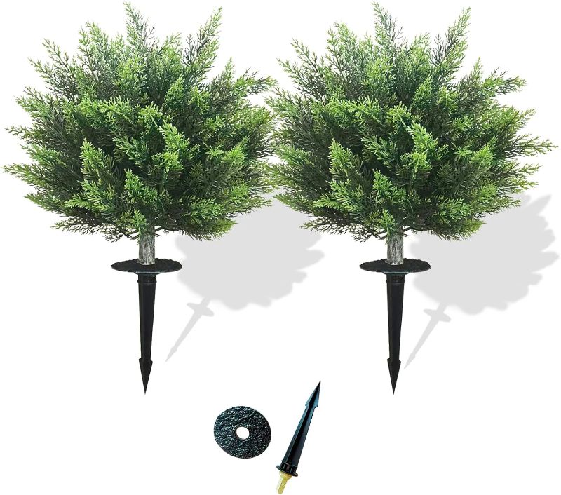 Photo 1 of 28 inch Artificial Topiary Tree Set of 2 Beautiful Realistic Faux Cedar Pines Christmas Trees UV Rated Fake Shrubs for Front Porch Faux Plants Indoor and Outdoor Decor
