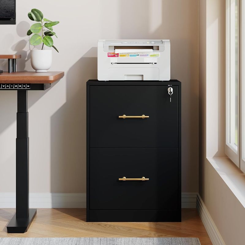 Photo 1 of 2 Drawer Vertical File Cabinet with Lock, Suitable for Letter/A4/F4/Legal Size Hanging Files,Small Wood Filing Storage Cabinets Printer Stand for Home Office, Black