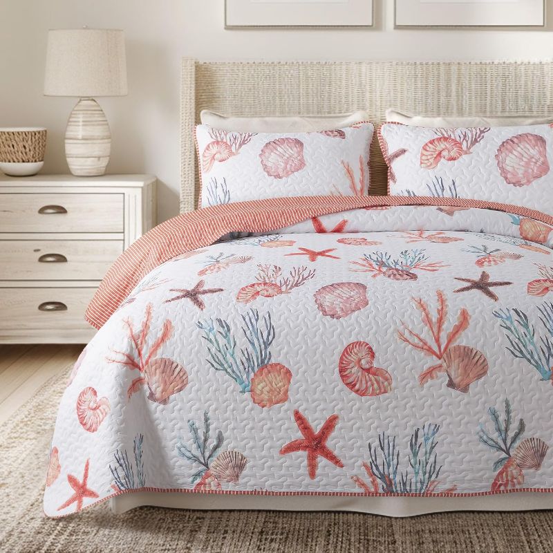 View 1 of Coastal Quilt Set - Twin and 1 Sham, Quilted Coastal Bedspread with Beach Theme, Ocean Bedding Set, Summer Nautical Quilt, Beachy Comforter with Tropical Motif, Seaside Treasures