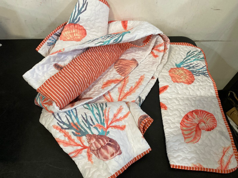 View 2 of Coastal Quilt Set - Twin and 1 Sham, Quilted Coastal Bedspread with Beach Theme, Ocean Bedding Set, Summer Nautical Quilt, Beachy Comforter with Tropical Motif, Seaside Treasures