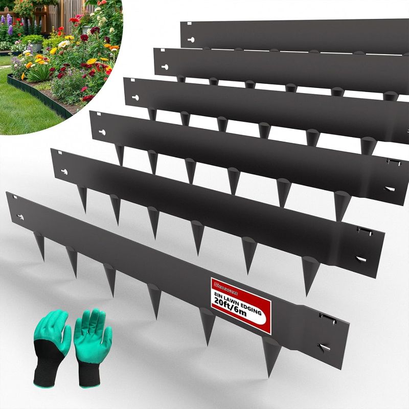 Photo 1 of 20ft. Galvanized Steel Landscape Edging (6-Pack) – 42" x 5" Metal Garden Border, Hammer-in Lawn Edging for Landscaping, Tree Rings, Yard & Pathway – Black Steel Lawn Edge for Garden Design