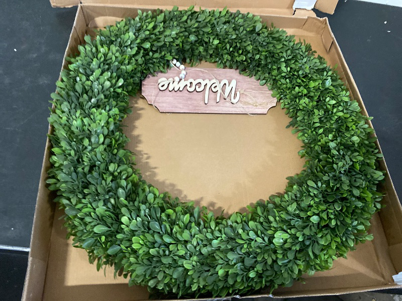 Photo 1 of 26 Inch Boxwood Wreaths for Front Door?Summer Wreaths for Front Door Outside Realistic?Front Door Wreath Outside All Season?Artificial Green Wreath for Farmhouse Porch Wall Wedding Room Home Decor