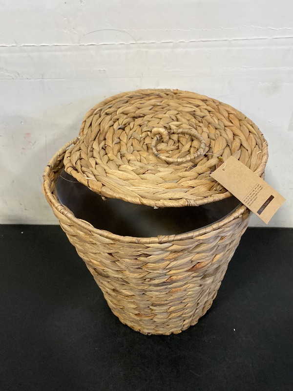 Photo 1 of Bathroom Wastebasket - Hand-Woven Water Hyacinth Wicker Decorative Trash Can, Seagrass Garbage Bin