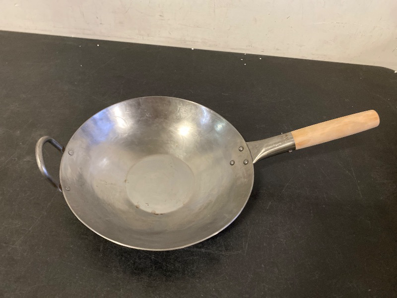 View 2 of Craft Wok Traditional Hand Hammered Chinese Carbon Steel Wok with Wooden and Steel Helper Handle (14 Inch, Round Bottom Pow Wok Pan)