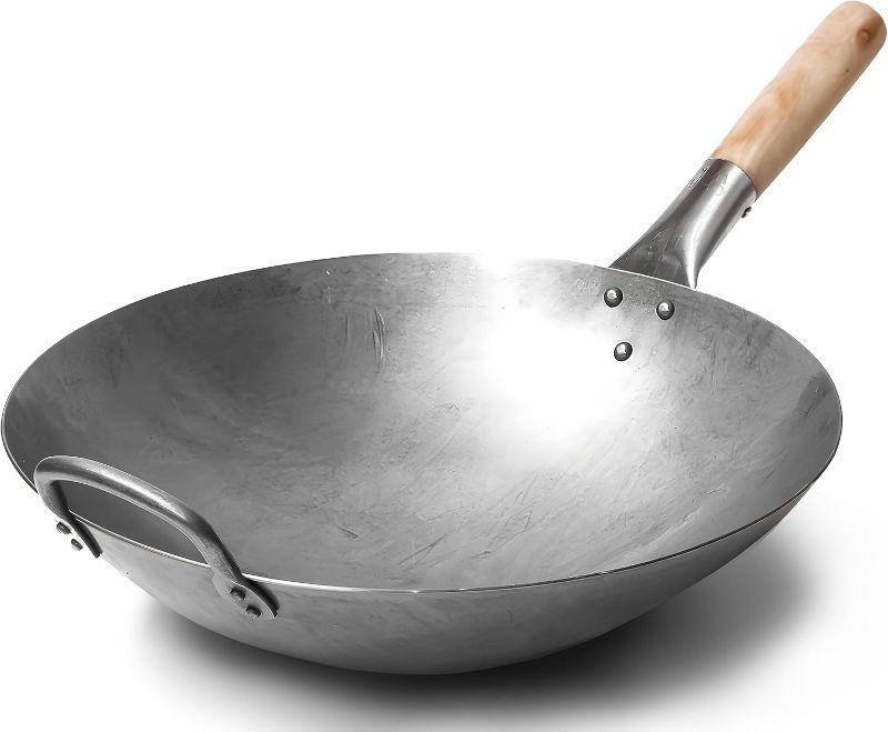 View 1 of Craft Wok Traditional Hand Hammered Chinese Carbon Steel Wok with Wooden and Steel Helper Handle (14 Inch, Round Bottom Pow Wok Pan)