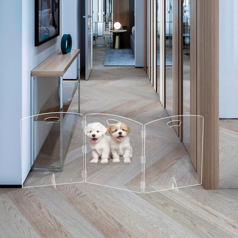 Photo 1 of Clear Freestanding Dog Gate for Indoor Use,Pet Gates for Doorways no Drilling,Acrylic Foldable Dog Gate for Stairs with Support Feet (3Panel - 60''W x 23''H)