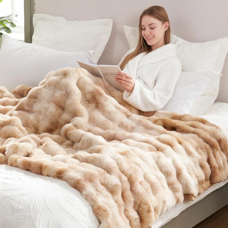 Photo 1 of Cozy Bliss Faux Fur Throw Blanket for Couch, Fuzzy Soft Plush Thick Bubble Blanket for Sofa Bedroom Living Room, 60 * 80 Inches Tie-dye Beige