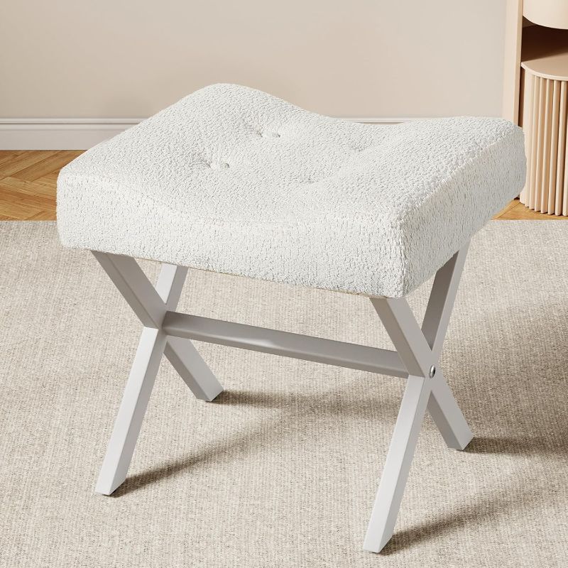 Photo 1 of 18-Inch Large Vanity Stool Chair, Vanity Bench with Metal X-Legs, Ottoman Accent Stool with Breathable and Soft Boucle Fabric Saddle Seat, White