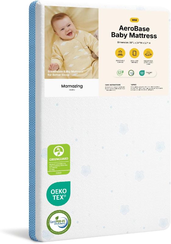 Photo 1 of MAMAZING Aerobase Mini Crib Mattress 38" L x 24" W, 2-Stage Breathable Mattress, Non-Toxic, Waterproof Liner, Machine-Washable Outer Cover for Easy Care, Fits Mini Size & Portable Crib