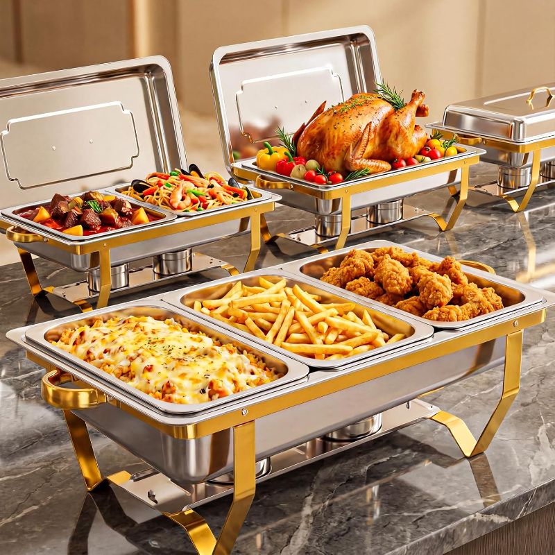 Photo 1 of Chafing Dishes for Buffet, 4 Pack 9QT Gold Chafing Dish Buffet Set with 7 Multi-Size Chafing Pans, Stainless Steel Buffet Servers and Warmers Set for Buffet, Wedding, Party, Banquet