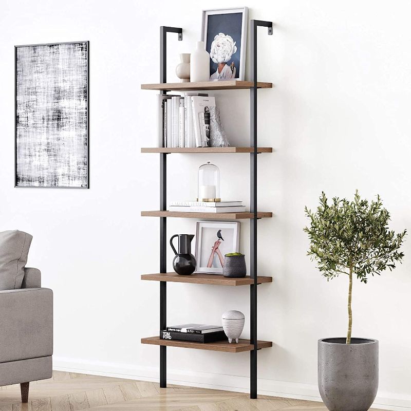 Photo 1 of Theo 5-Shelf Oak Wood Modern Bookcase, Open Wall Mount Ladder Bookshelf with Industrial Black Metal Frame
