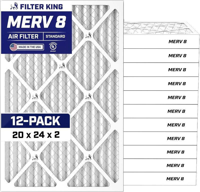 Photo 1 of Filter King 20x24x2 Air Filter (MERV 8) Dust & Allergy Control AC Furnace Filters, MADE IN USA, HVAC, Pleated, Electrostatic (Actual Size: 19.5 x 23.5 x 1.75)