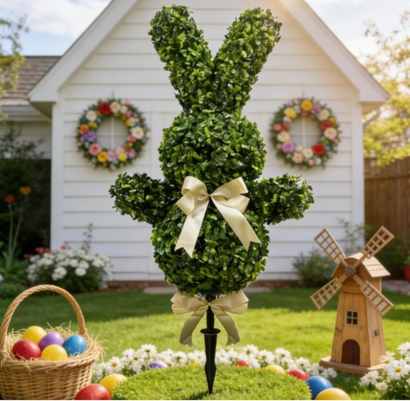 Photo 1 of 42" Easter Bunny Topiary - Artificial Faux Boxwood Rabbit Decor, UV-Resistant Spring Easter Porch Decor with Bows for Outdoor Indoor Yard Lawn Patio