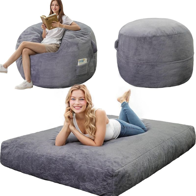 Photo 1 of Giant Bean Bag Chair for Adults, Faux Fur Bean Bag Chair Bed with Mattress Bed Use, Convertible Bean Bag Sofa Bed with Filler Included for Living Room,Bedroom, Dark Gray.Large-Sized