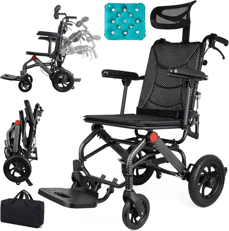 Photo 1 of Super Lightweight Reclining Travel Wheelchair, Folding Transit Transport Wheelchairs for Adults and Seniors Support 220lbs, Lightweight Aluminum Wheelchair for Elderly