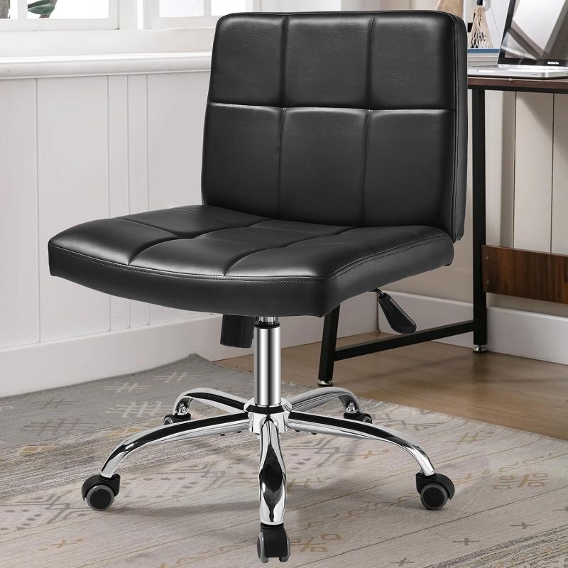 Photo 1 of Black Office Chair with Wheels - 360° Swivel Armless Back Support Comfortable Pu Adjustable Rolling Desk Chairs for Office Home Vanity Bedroom Big Space (Widened Black)
