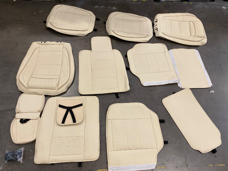 Photo 1 of Car Seat Covers Full Set, Beige Leather Seat Covers, Breathable Front and Back Car Seat Protectors, Wear-Resistant Seat Covers Universal Fit for Most Cars SUV Truck (Beige-Stripes-A, Full Set)