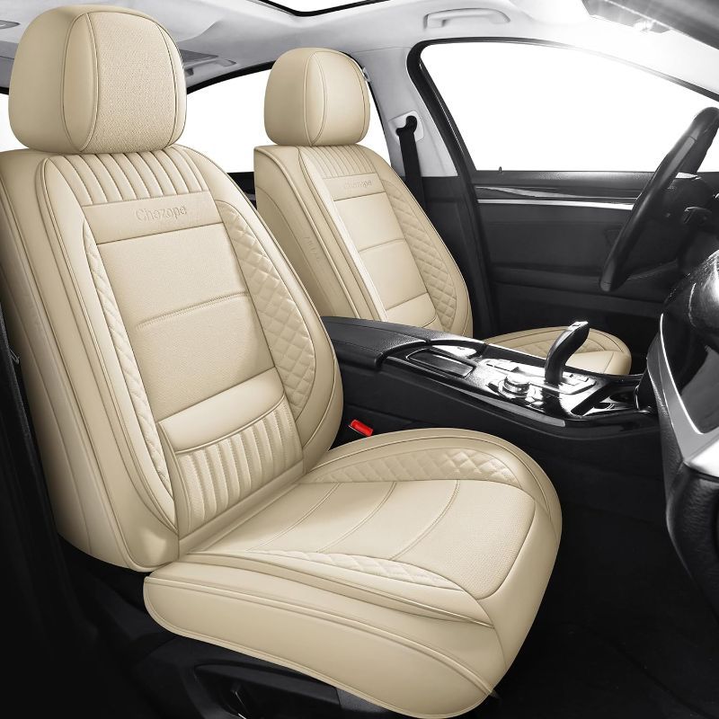 Photo 1 of Car Seat Covers Full Set, Beige Leather Seat Covers, Breathable Front and Back Car Seat Protectors, Wear-Resistant Seat Covers Universal Fit for Most Cars SUV Truck (Beige-Stripes-A, Full Set)