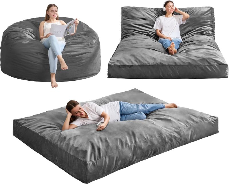 Photo 1 of (Grey, Queen) Giant Bean Bag Chair Bed for Adults, Large Bean Bags with High-Density Foam Filling, Convertible Big Sofa Bed Couch for Living Room, Bedroom, Playroom