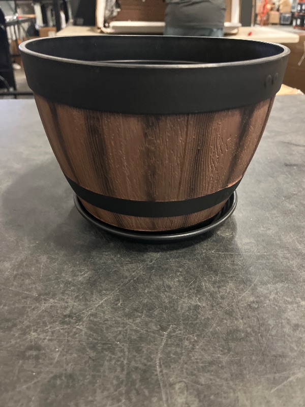 Photo 1 of 1 Set Resin Vintage Whiskey Barrel Planter Set - Indoor & Outdoor Round Plant Containers with Drainage Hole & Matching Saucer for Herbs, Flowers, Succulents