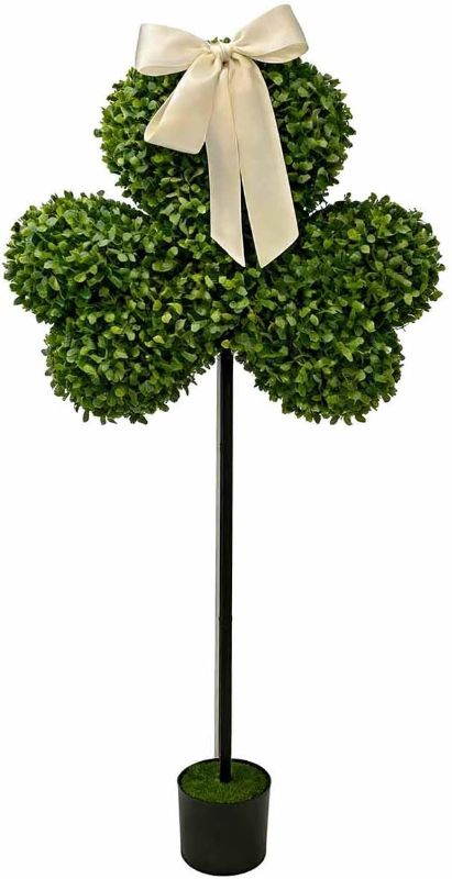Photo 1 of St. Patrick's Day Topiary, 30 in Boxwood Artificial Topiary with Bowknot, St. Patrick's Day Decorations with Pot for Outdoor Indoor Home Front Porch Decor Garden (1)