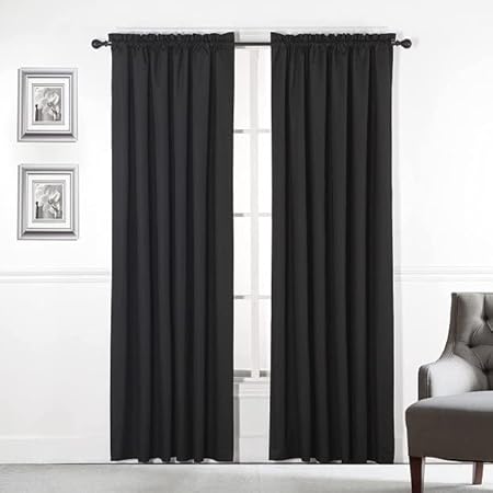 Photo 1 of 2 Piece 100% Blackout Solid Room Darkening Rod Pocket Window Curtain Panel Pair, 52" Wide x 84" Long, Black