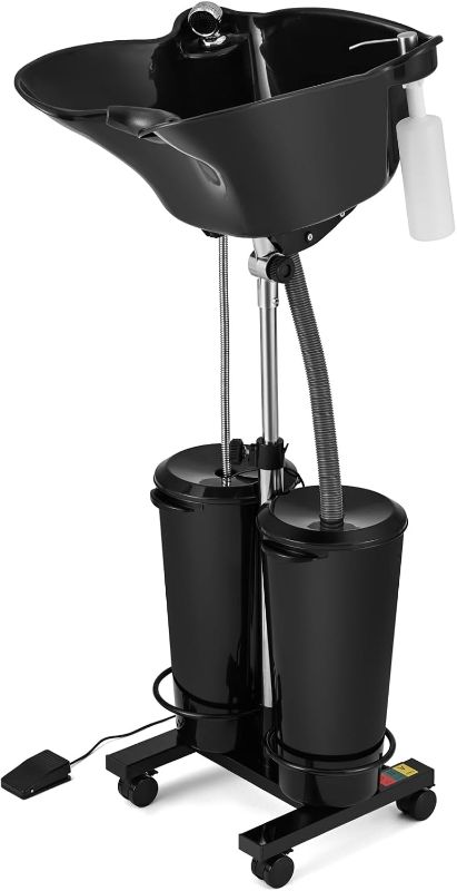 Photo 1 of Artist hand Portable Shampoo Bowl with Electric Pump, Hair Washing Station for Home & Barber, Adjustable Height, Dual-Bucket Design, Drain Hoses, High-Pressure Sprayer, Foot Pedal Switch, Black