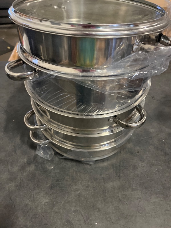 Photo 1 of 5-Tier Stainless Steel Steamer, Meat Vegetable Cooking Steam Pot with Lid and Handle, Round Steamer Pot with Stackable Pan for Comercial and Home Use (Silver, 30cm/11.81in)
