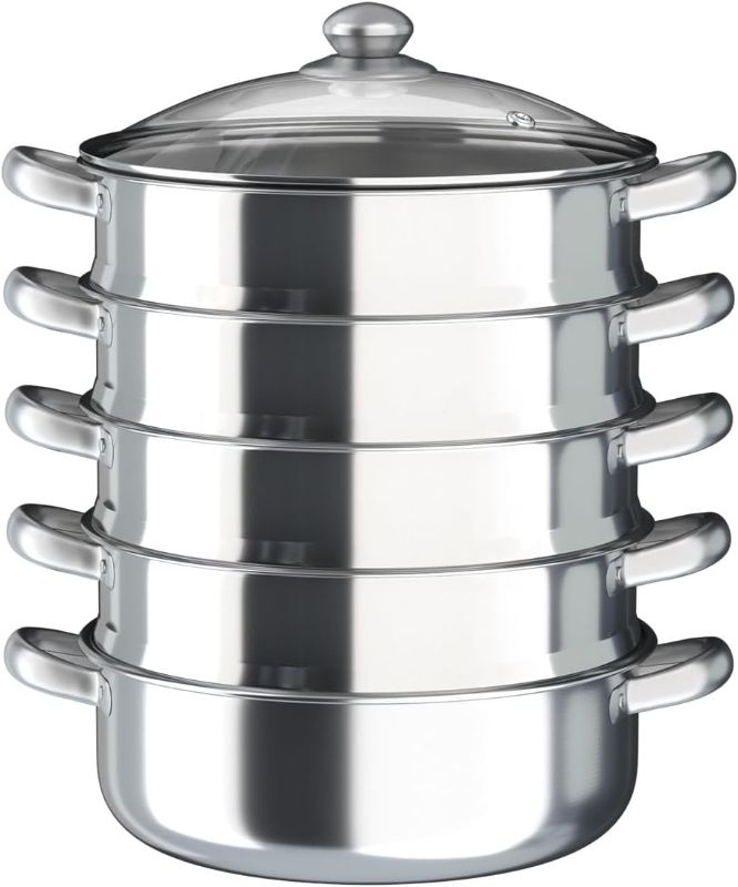 Photo 1 of 5-Tier Stainless Steel Steamer, Meat Vegetable Cooking Steam Pot with Lid and Handle, Round Steamer Pot with Stackable Pan for Comercial and Home Use (Silver, 30cm/11.81in)