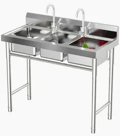Photo 1 of 3 Compartment Utility Sink, 39" L x 18" W x 35.8" D Free Standing Triple Bowl Kitchen Sink with Cold and Hot Water Faucet, Commercial Stainless Steel Bowl for Kitchens, Garage, Laundry